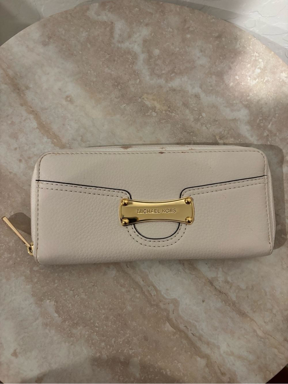 Michael Kors Cream Leather Zip Wallet with Gold Plaque